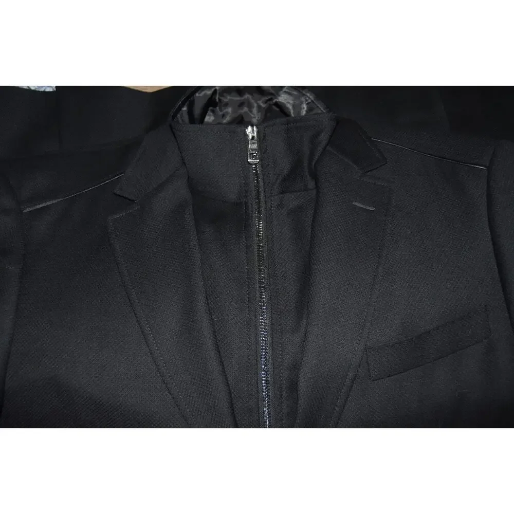Mattarazi Uomo Wool & Leather Detail Black Zipper Single Breasted Jacket Size 54
